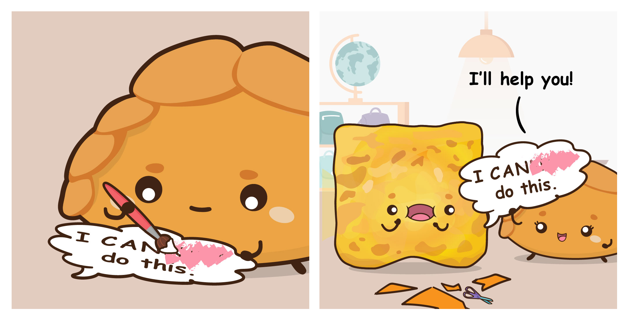Cartoon dumpling paints I CAN do this; a sponge says I’ll help you as dumpling repeats I CAN do this.